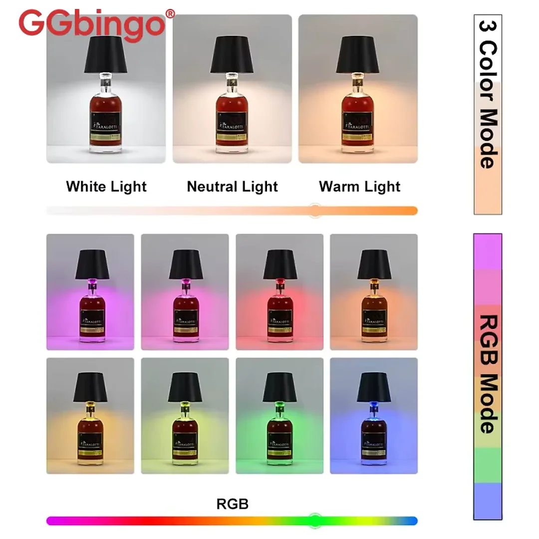 Wine Bottle Light, Cordless Rechargeable LED Bottle Lamp Head with Touch Control, Warm-to-Cool or RGB Color Changing, Bar & Party Decor