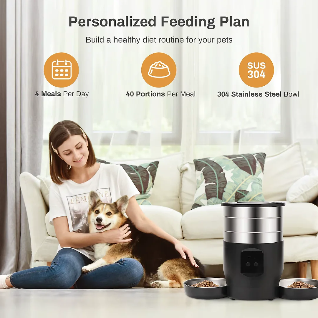Automatic Cat Feeder for 2 Cats, 4.5L Pet Food Dispenser with Two Stainless Steel Bowls, Wi-Fi App or Button Control