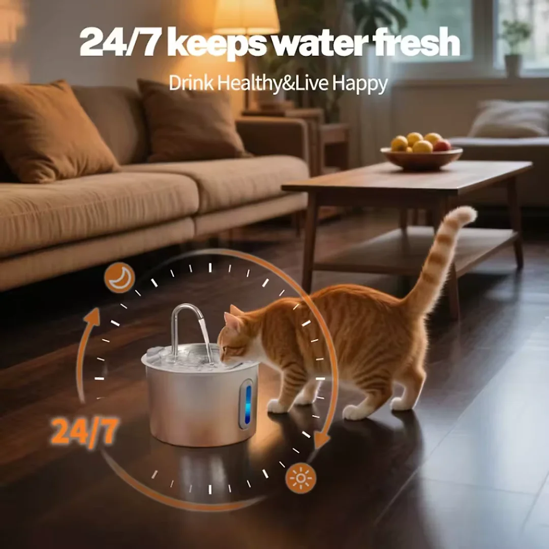Cat Fountain Stainless Steel 2.2L, Pet Water Fountain with Water Level Window for Cats & Small Dogs, Optional Motion Sensor