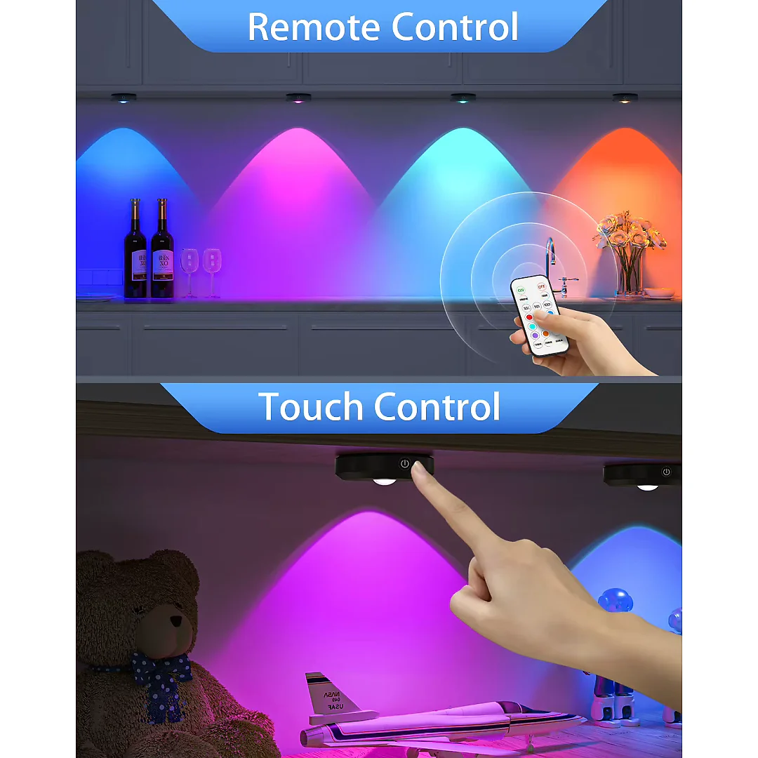 Rechargeable Puck Lights with Remote, Wireless RGB LED Under Cabinet Lighting with Timer & Touch Control, Stick-On Closet Lights, 3 or 6-Pack