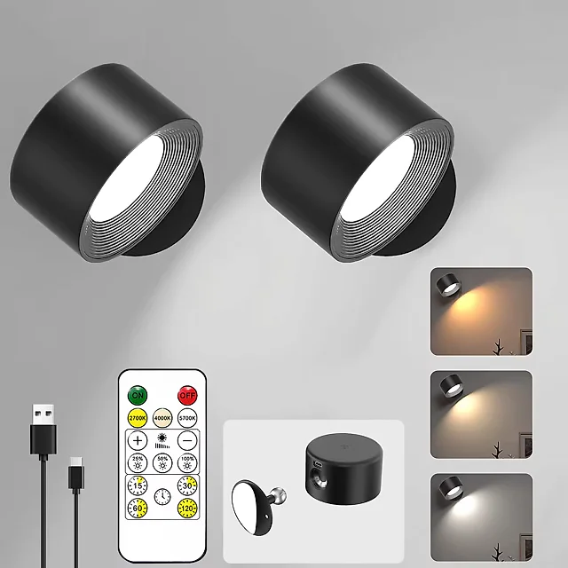 Rechargeable Wall Reading Light with Remote, Magnetic Battery Operated LED Wall Sconce, 360 Degree Rotating, 3 Colors & Dimmable