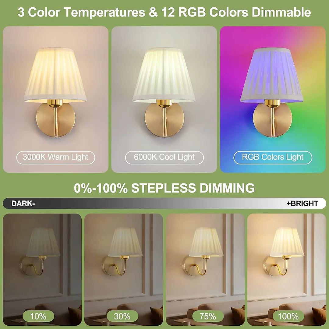 Battery Operated Wall Sconce with Remote, Pleated Shade Rechargeable LED Wall Light, Dimmable with Timer & RGB Colors