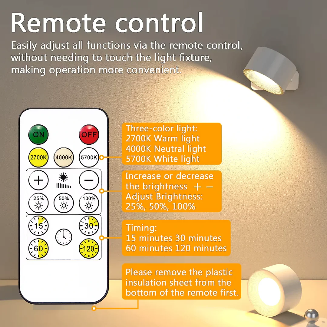 Rechargeable Wall Reading Light with Remote, Magnetic Battery Operated LED Wall Sconce, 360 Degree Rotating, 3 Colors & Dimmable