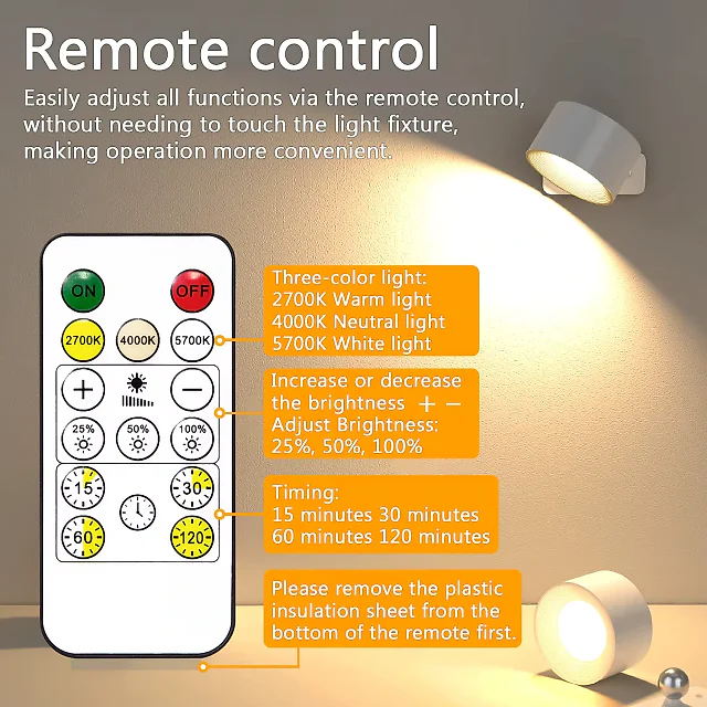 Rechargeable Wall Reading Light with Remote, Magnetic Battery Operated LED Wall Sconce, 360 Degree Rotating, 3 Colors & Dimmable