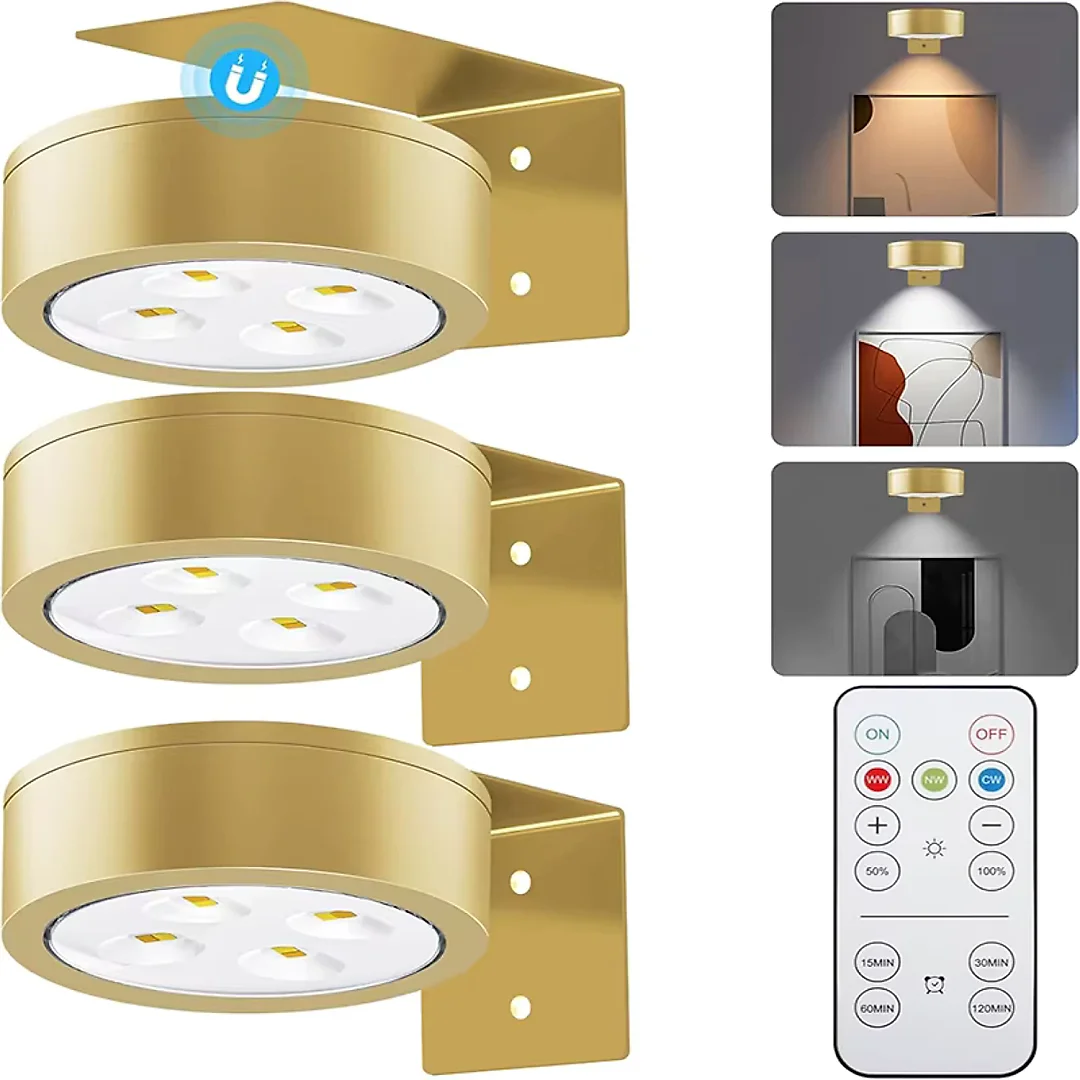 Battery Operated Picture Lights with Remote, Magnetic LED Puck Art Spotlights, Dimmable with Timer & 3 Color Modes, 3-Pack or 6-Pack
