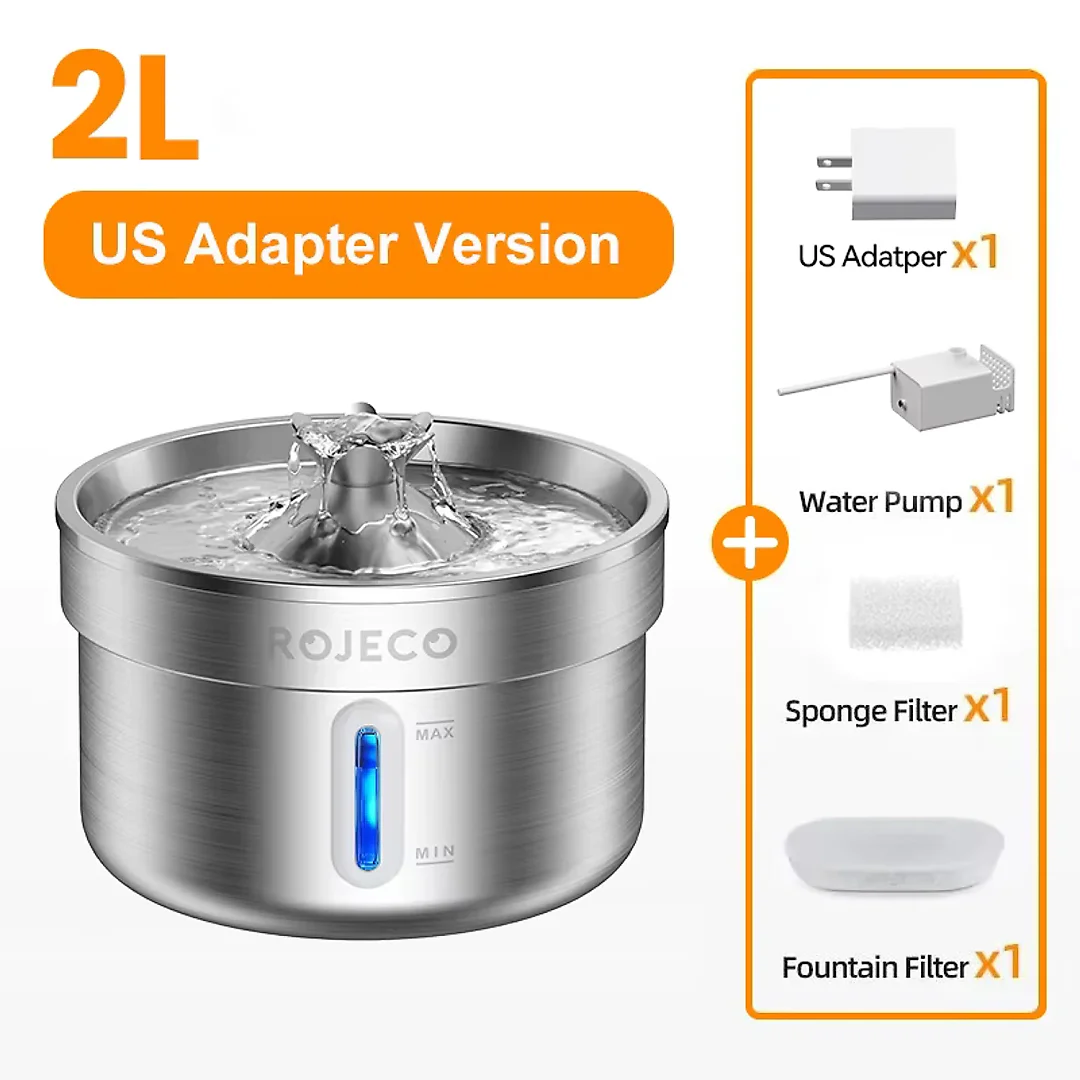 Cat Water Fountain Stainless Steel with US Adapter, Quiet Pet Water Fountain for Cats & Dogs, 2L or 4L