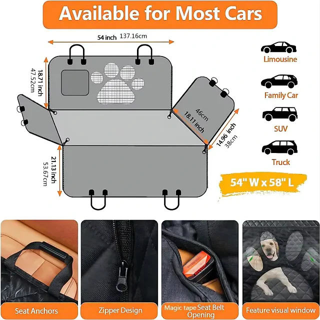 Dog Car Hammock with Mesh Window, Waterproof Dog Seat Cover for Back Seat with Side Flaps & Zippers for Cars, Trucks & SUVs