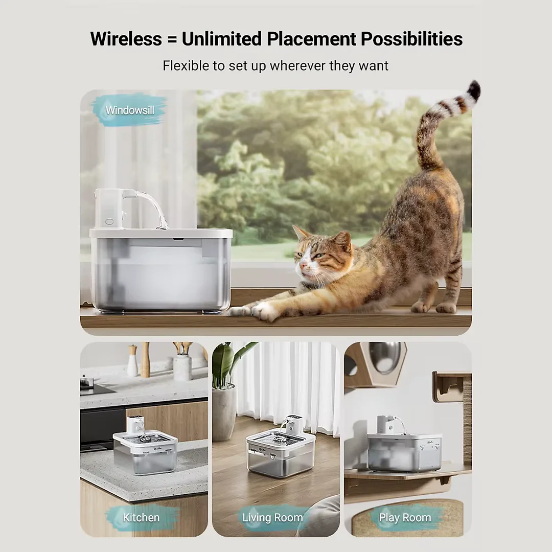 Wireless Cat Fountain Stainless Steel 2.5L, 4000mAh Battery Operated Pet Water Fountain with Motion Sensor, Quiet & Cordless