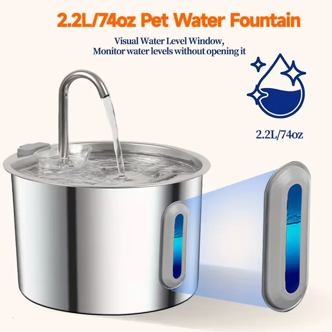 Cat Fountain Stainless Steel 2.2L, Pet Water Fountain with Water Level Window for Cats & Small Dogs, Optional Motion Sensor