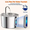 Cat Fountain Stainless Steel 2.2L, Pet Water Fountain with Water Level Window for Cats & Small Dogs, Optional Motion Sensor