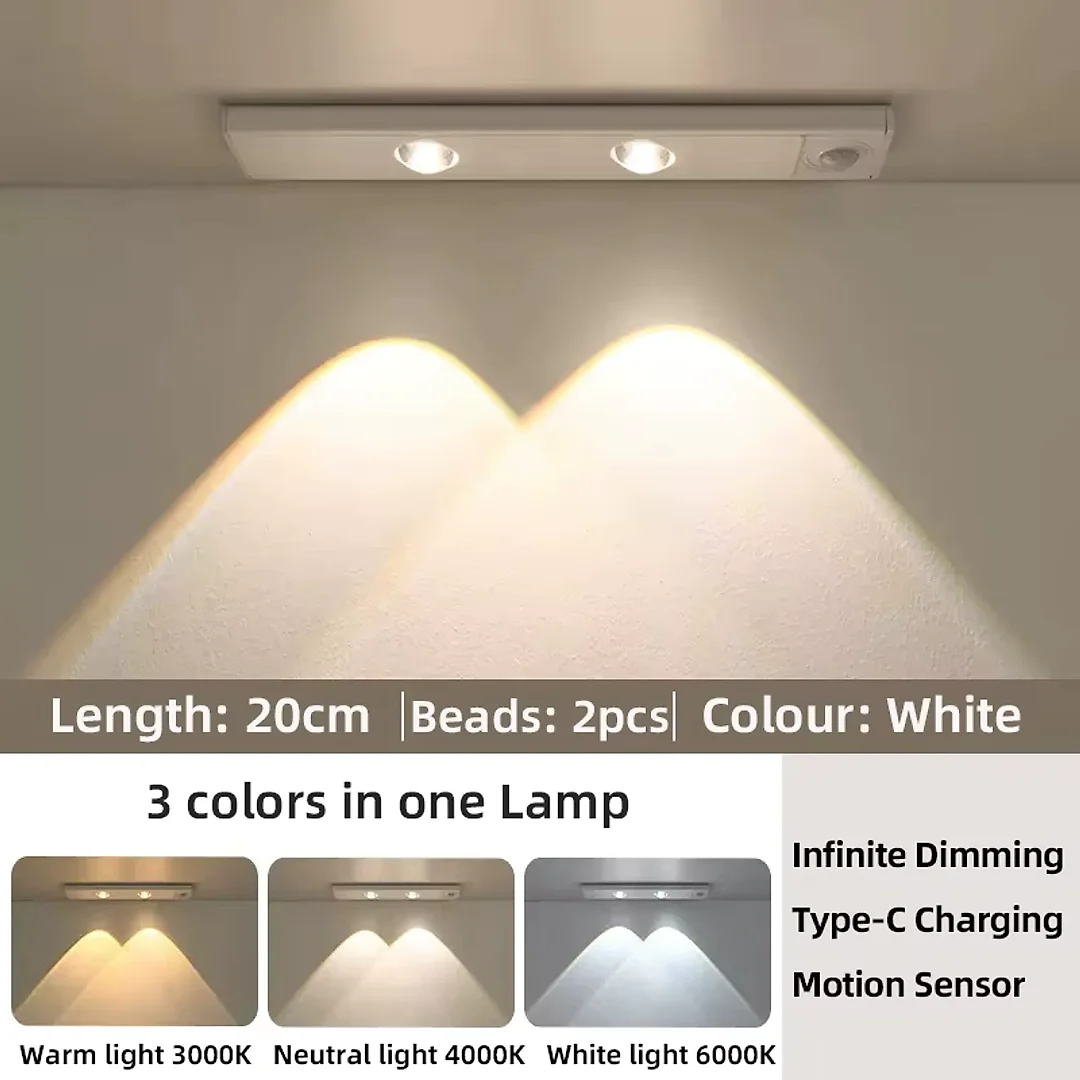 Rechargeable Under Cabinet Lights 2-Pack, Wireless Motion Sensor LED Light Bars with 3 Color Modes for Kitchen, Closet & Stairs