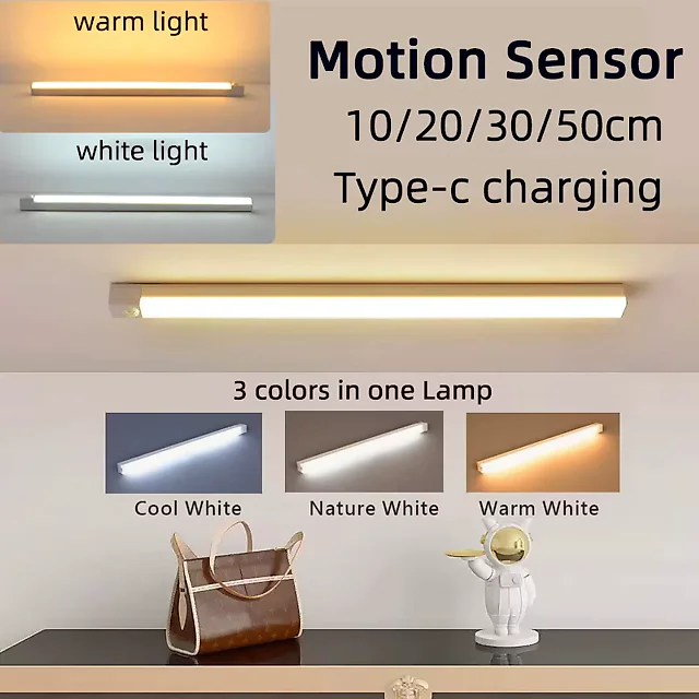 Motion Sensor Closet Light, Rechargeable Under Cabinet Lighting Wireless, USB-C LED Light Bars with 3 Color Temperatures, 2-Pack or 4-Pack