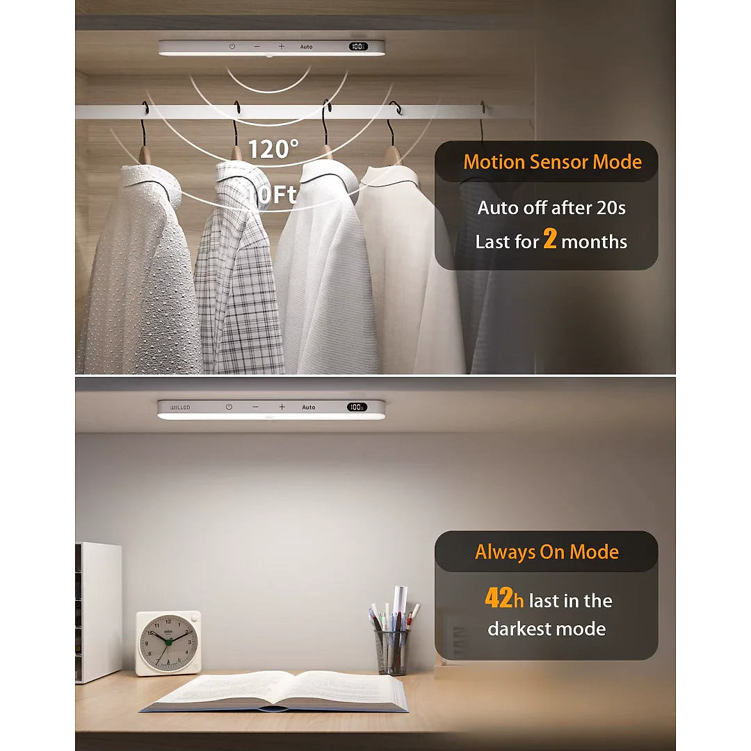 Under Cabinet Lighting Wireless, Rechargeable 60 LED Motion Sensor Closet Light Bars with Battery Display & Touch Control, Cool White