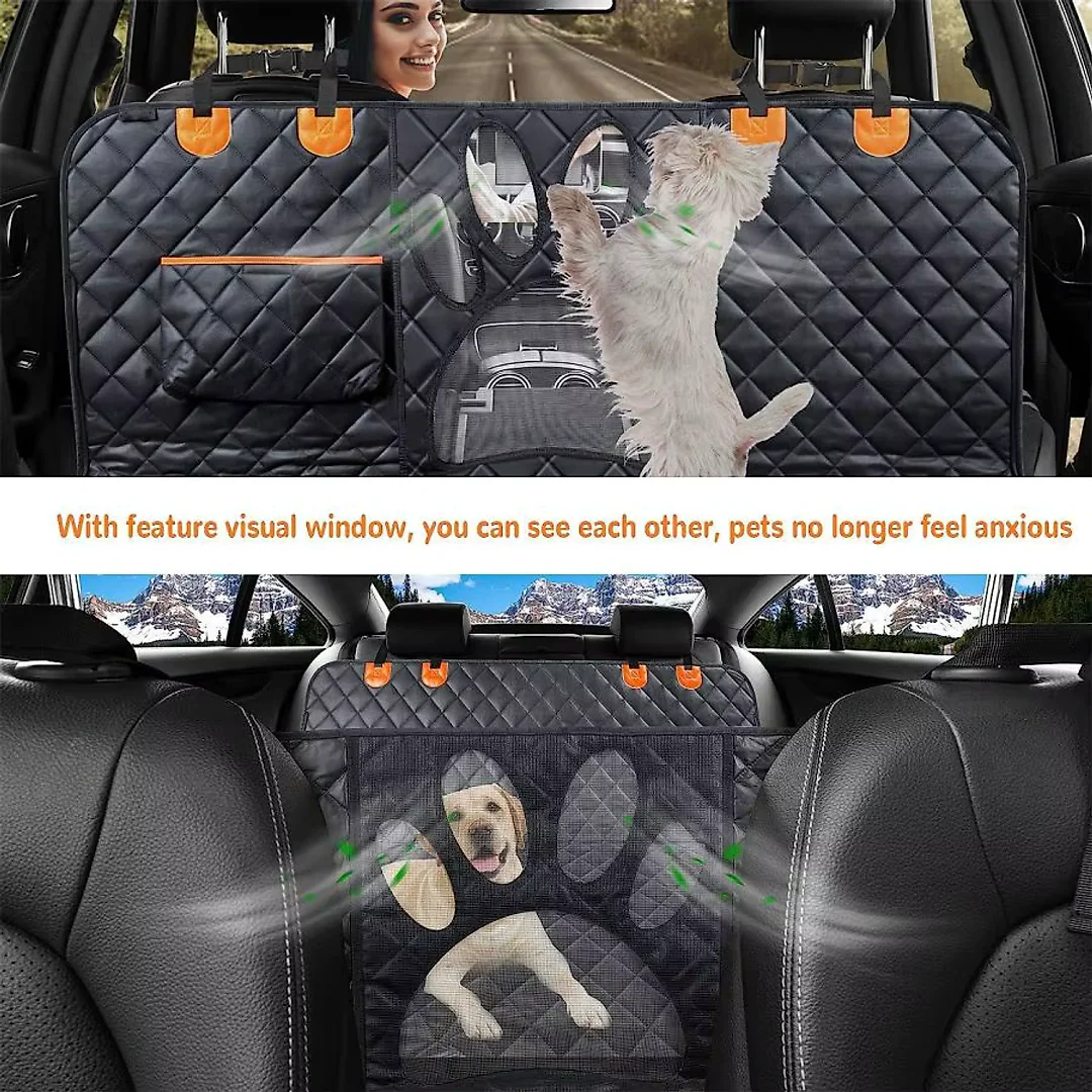Dog Car Hammock with Mesh Window, Waterproof Dog Seat Cover for Back Seat with Side Flaps & Zippers for Cars, Trucks & SUVs