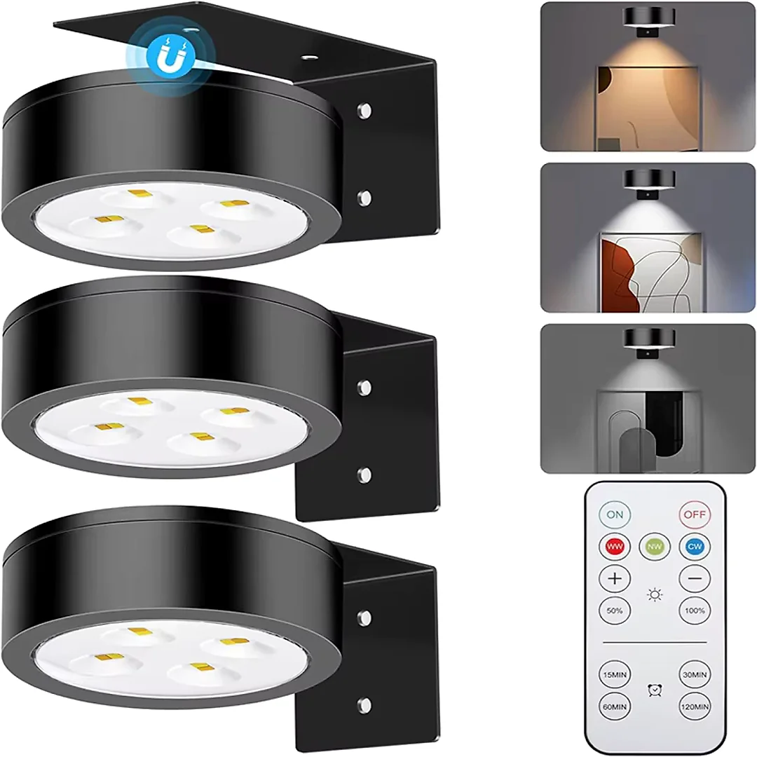 Battery Operated Picture Lights with Remote, Magnetic LED Puck Art Spotlights, Dimmable with Timer & 3 Color Modes, 3-Pack or 6-Pack