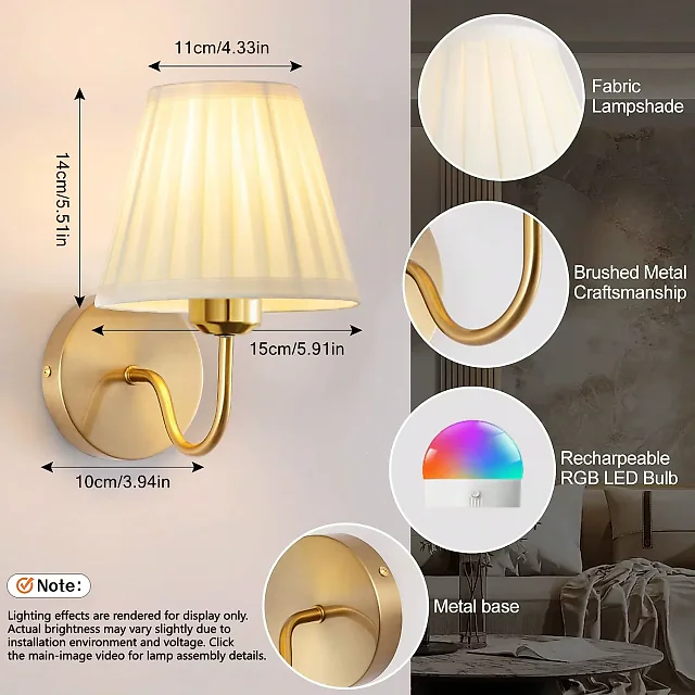 Battery Operated Wall Sconce with Remote, Pleated Shade Rechargeable LED Wall Light, Dimmable with Timer & RGB Colors
