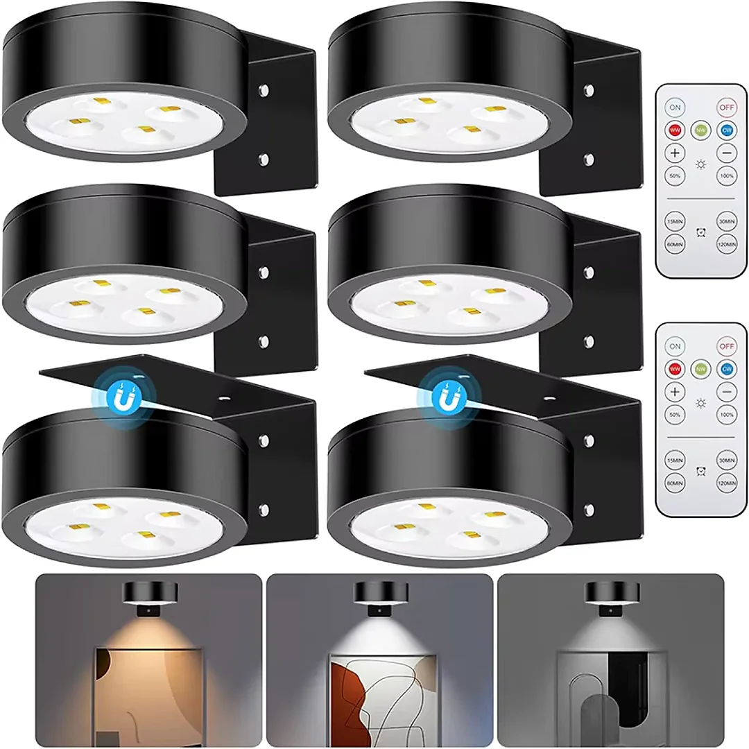 Battery Operated Picture Lights with Remote, Magnetic LED Puck Art Spotlights, Dimmable with Timer & 3 Color Modes, 3-Pack or 6-Pack