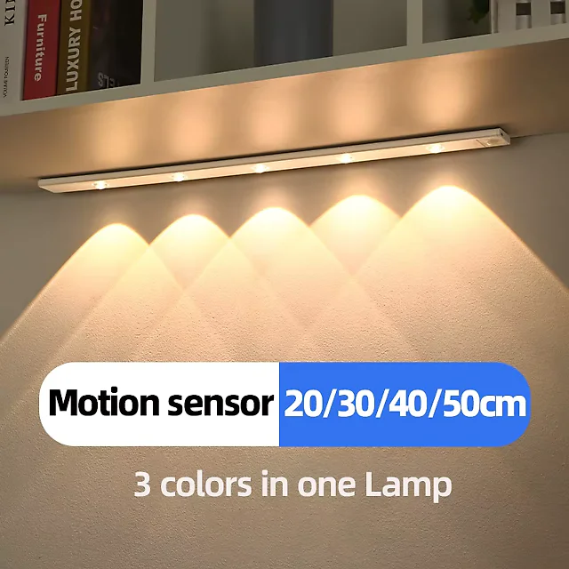 Rechargeable Under Cabinet Lights 2-Pack, Wireless Motion Sensor LED Light Bars with 3 Color Modes for Kitchen, Closet & Stairs