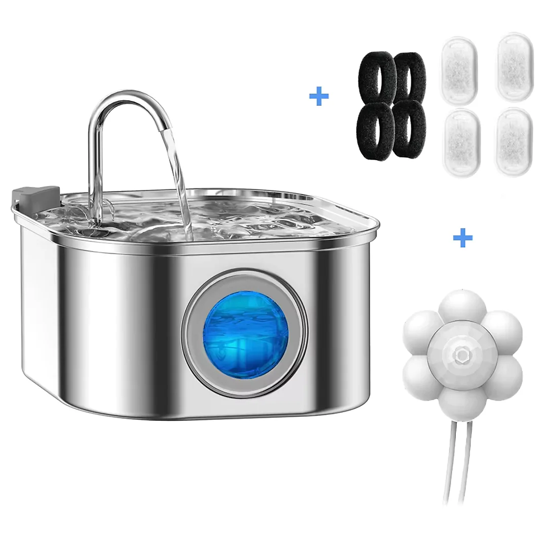 Cat Water Fountain Stainless Steel 3.2L, Pet Water Fountain for Cats & Dogs with Water Level Window, Filter Kit & Optional Motion Sensor