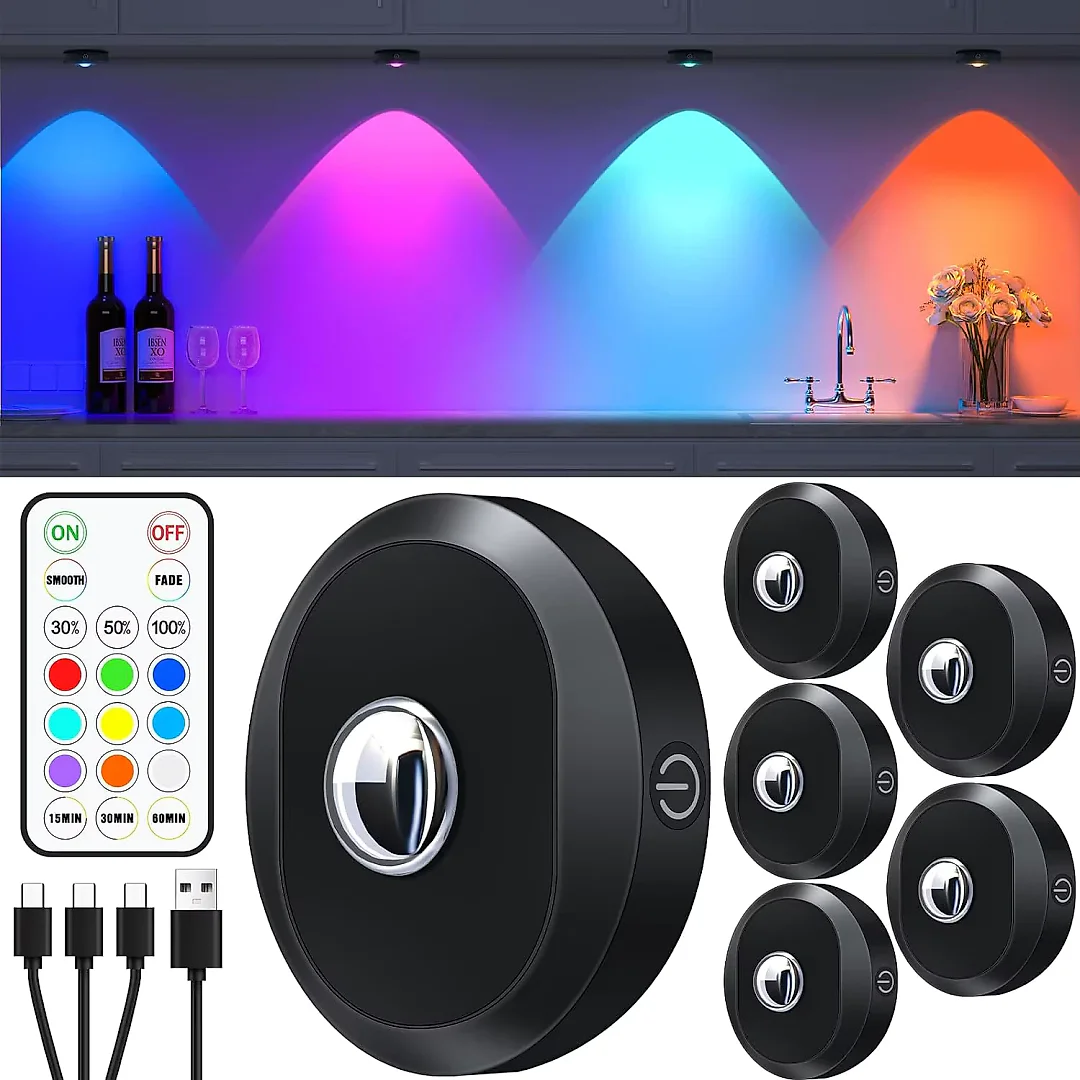 Rechargeable Puck Lights with Remote, Wireless RGB LED Under Cabinet Lighting with Timer & Touch Control, Stick-On Closet Lights, 3 or 6-Pack