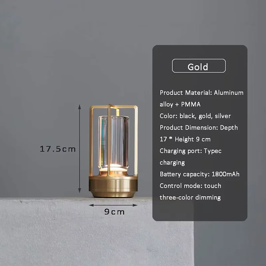 Crystal Lantern Lamp, Aluminum Cordless Table Lamp with 2000mAh Rechargeable Battery, LED Touch Dimming for Restaurant, Patio & Camping