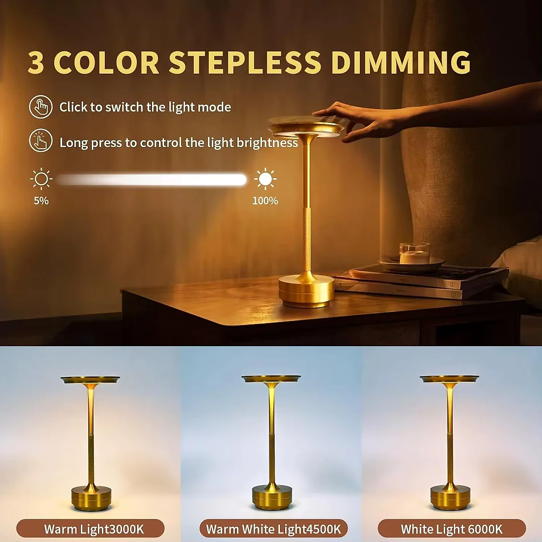 Cordless LED Table Lamp, Rechargeable USB-C Touch Lamp with Dimmable Light, Battery Operated Bedside & Dining Lamp