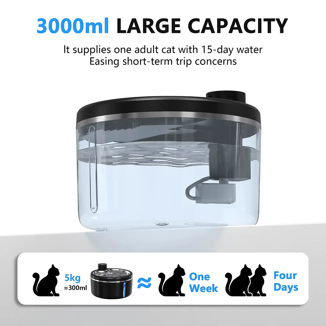 Cordless Cat Water Fountain 3L, 4000mAh Battery Pet Fountain with Motion Sensor & Stainless Steel Tray, Ultra-Quiet, Black