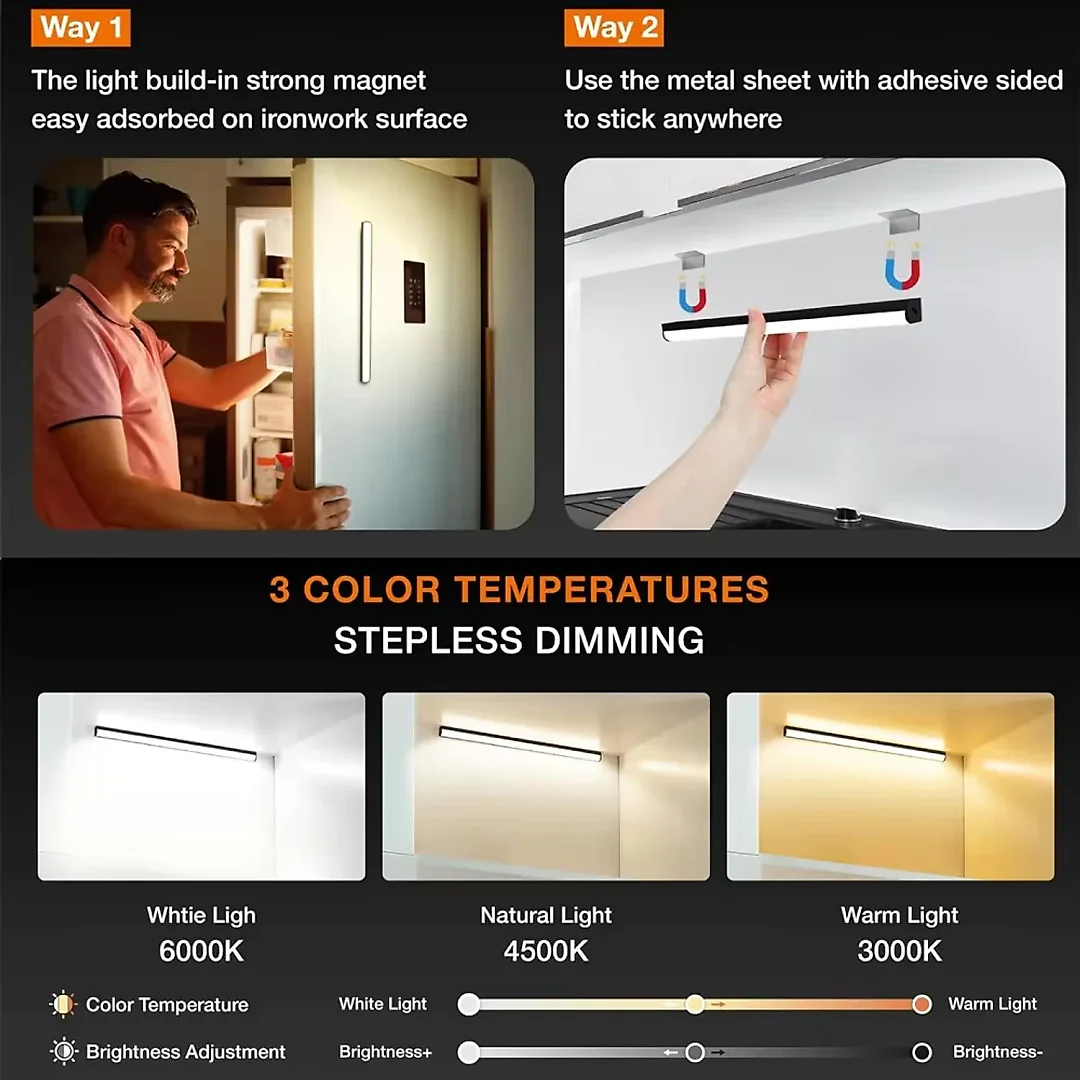 Under Cabinet Lighting with Remote, Rechargeable 12 Inch Magnetic LED Light Bar, Dimmable 3 White Tones, Wireless Shelf Light