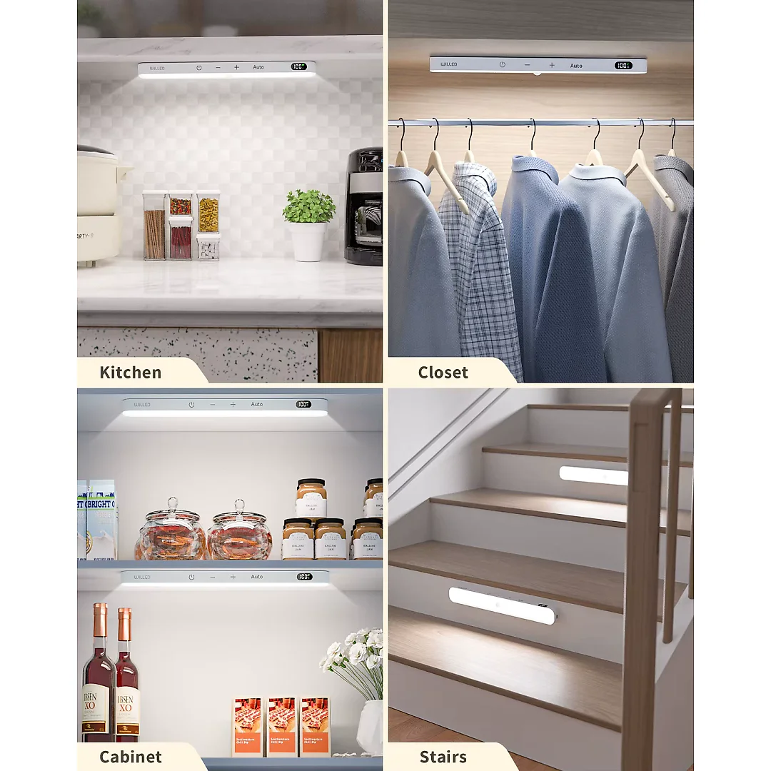 Under Cabinet Lighting Wireless, Rechargeable 60 LED Motion Sensor Closet Light Bars with Battery Display & Touch Control, Cool White