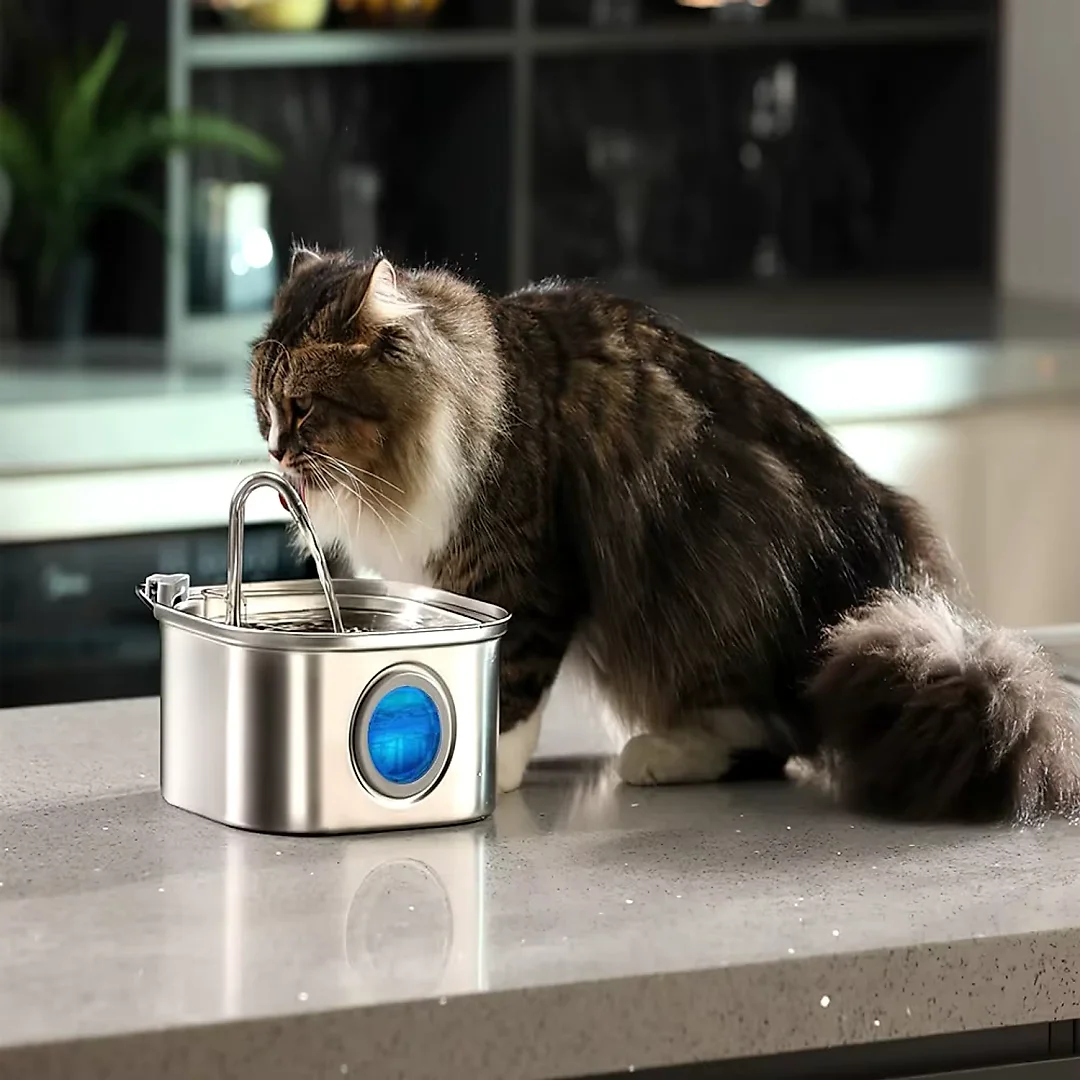 Cat Water Fountain Stainless Steel 3.2L, Pet Water Fountain for Cats & Dogs with Water Level Window, Filter Kit & Optional Motion Sensor