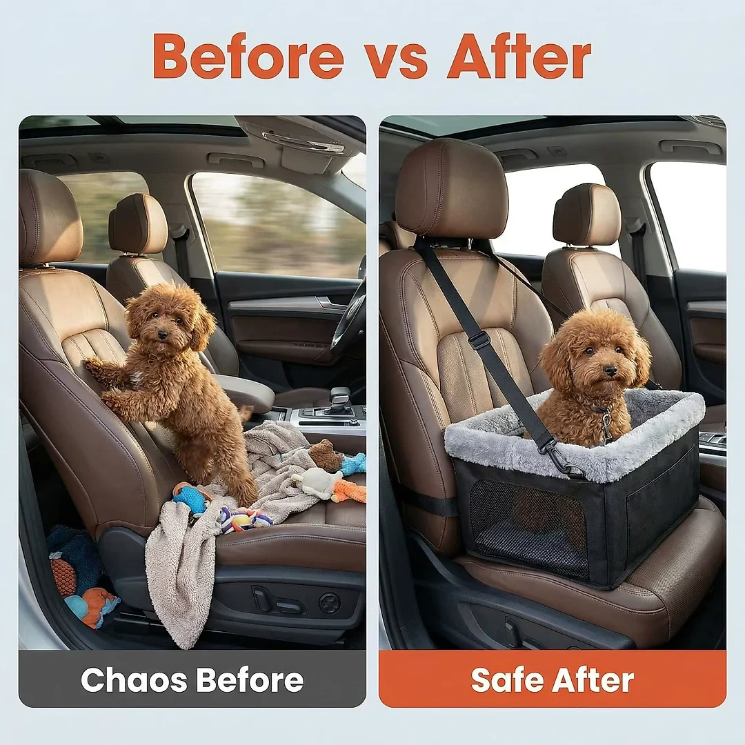 Elevated Dog Car Seat for Small Dogs, Console Booster Seat with Metal Frame & Removable Washable Cover, Portable Pet Travel Bed
