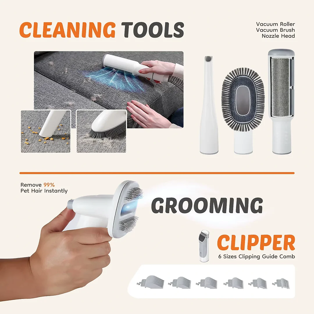 Dog Grooming Vacuum Kit, 2.5L Pet Grooming Vacuum with 3 Suction Modes & 5 Tools incl. Clipper, Low-Noise Dog Hair Vacuum, White