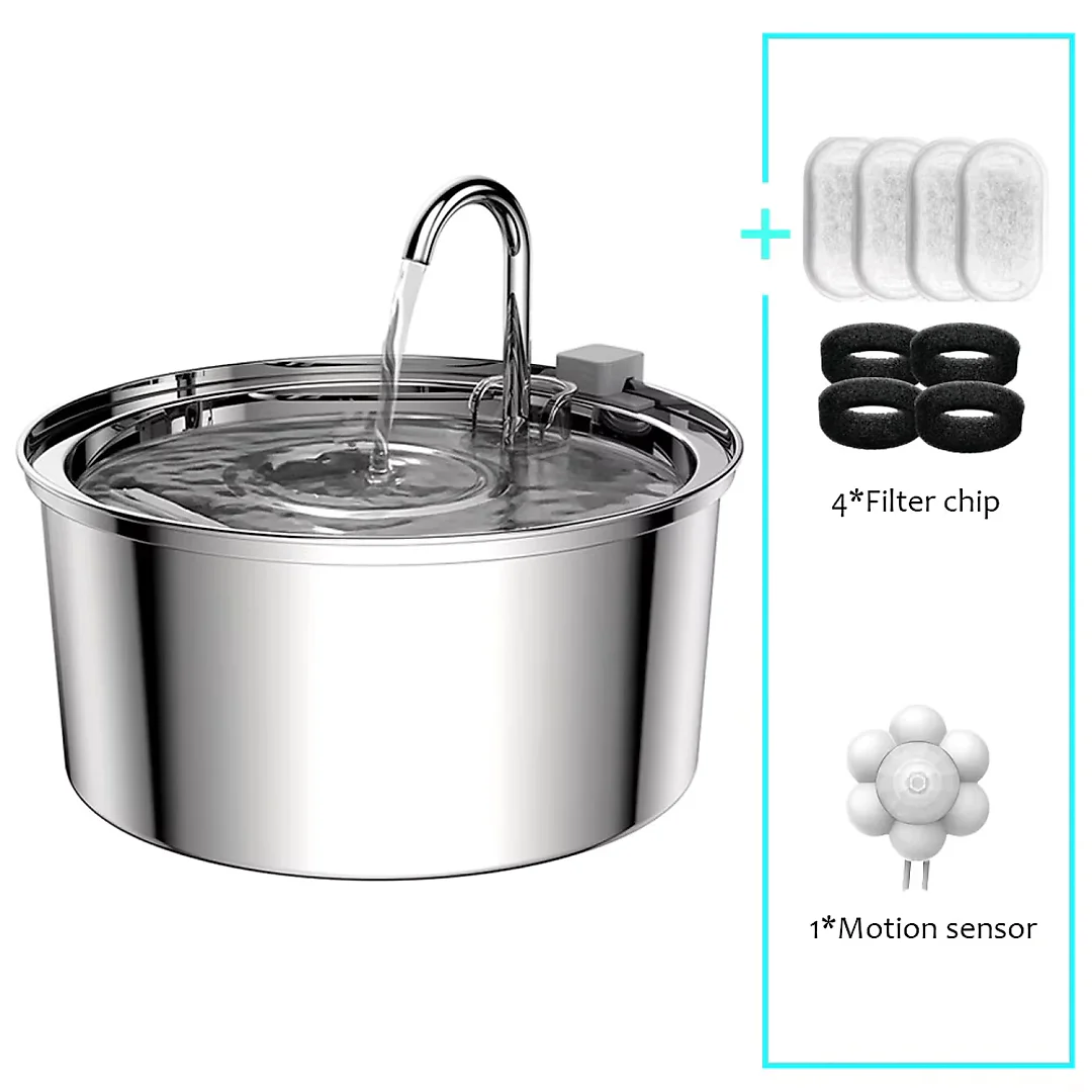 Stainless Steel Pet Water Fountain with Faucet, Quiet USB Cat & Dog Water Fountain, Optional Filter Kit & Motion Sensor
