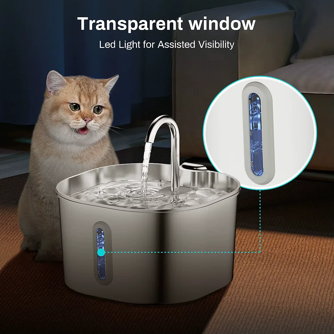 Cat Water Fountain Stainless Steel 2.2L, Motion Sensor Pet Water Fountain for Cats & Dogs with Water Level Window & 4 Filters