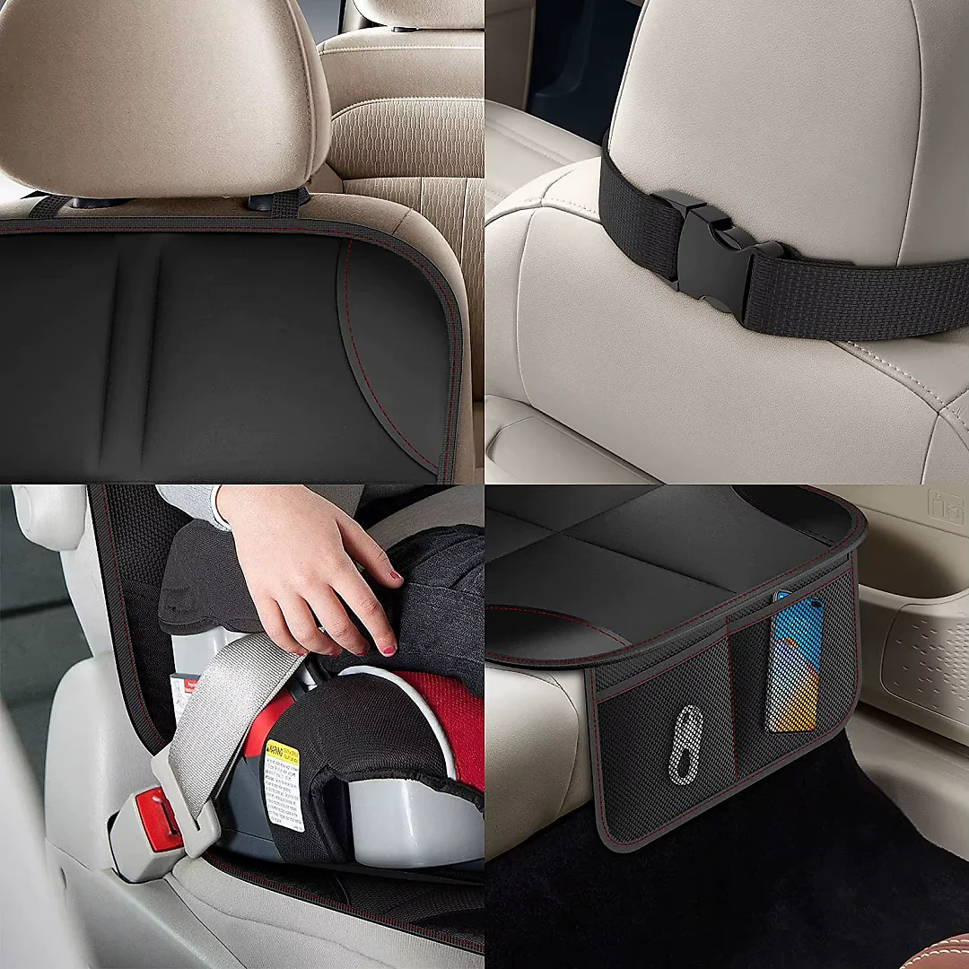 Car Seat Protector Mat with Storage Pockets, Waterproof Non-Slip Seat Cover for Dogs & Child Car Seats, Single or 2-Pack