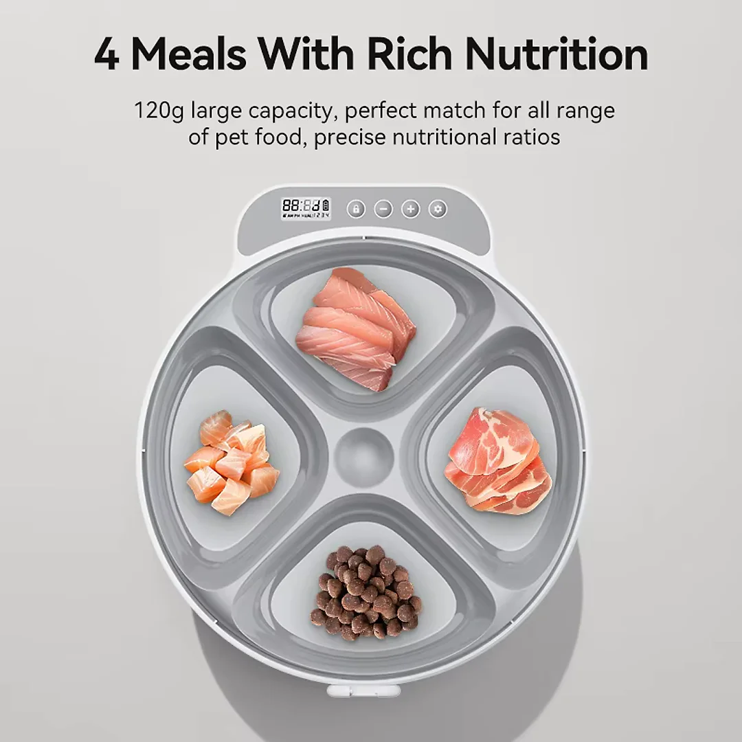 Automatic Cat Feeder for Wet Food, 4-Meal Timed Pet Feeder with Ice Packs to Keep Food Fresh, Cordless LCD Timer Feeder