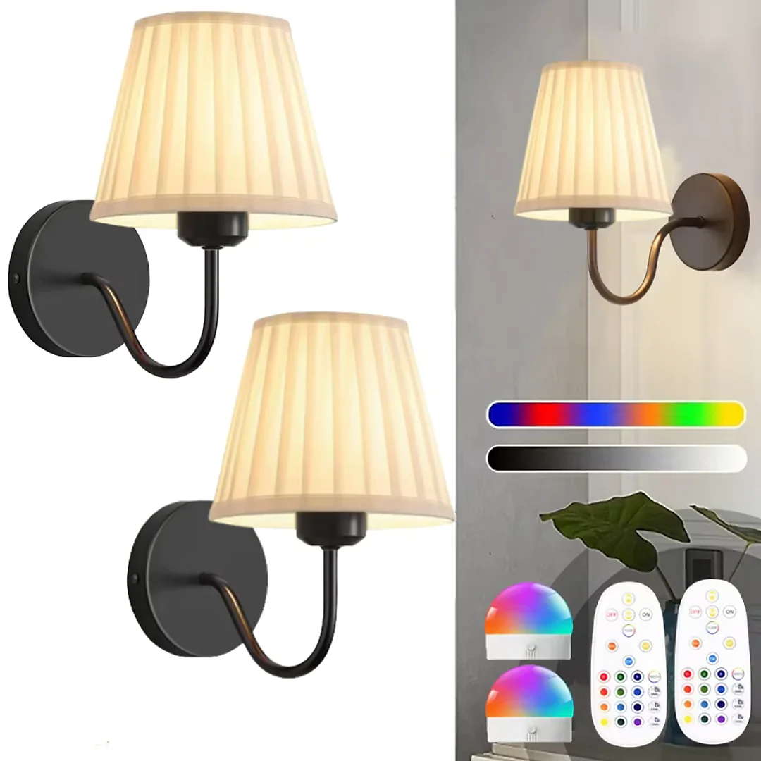 Battery Operated Wall Sconce with Remote, Pleated Shade Rechargeable LED Wall Light, Dimmable with Timer & RGB Colors
