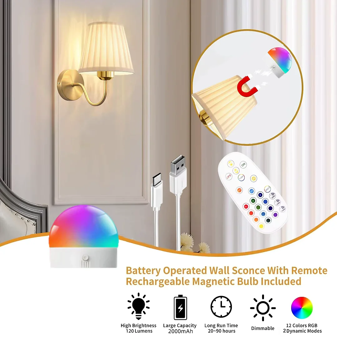 Battery Operated Wall Sconce with Remote, Pleated Shade Rechargeable LED Wall Light, Dimmable with Timer & RGB Colors