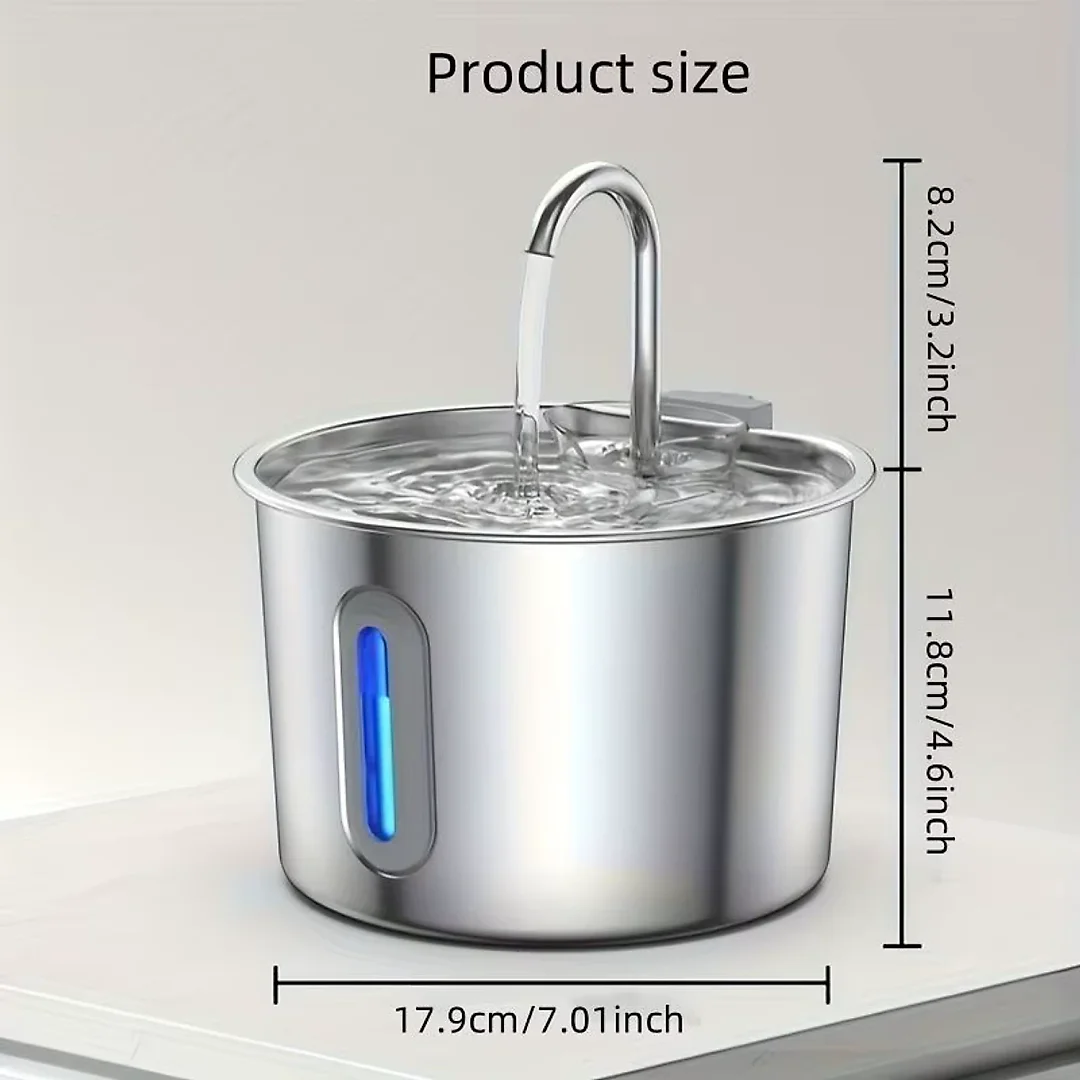 Cat Fountain Stainless Steel 2.2L, Pet Water Fountain with Water Level Window for Cats & Small Dogs, Optional Motion Sensor