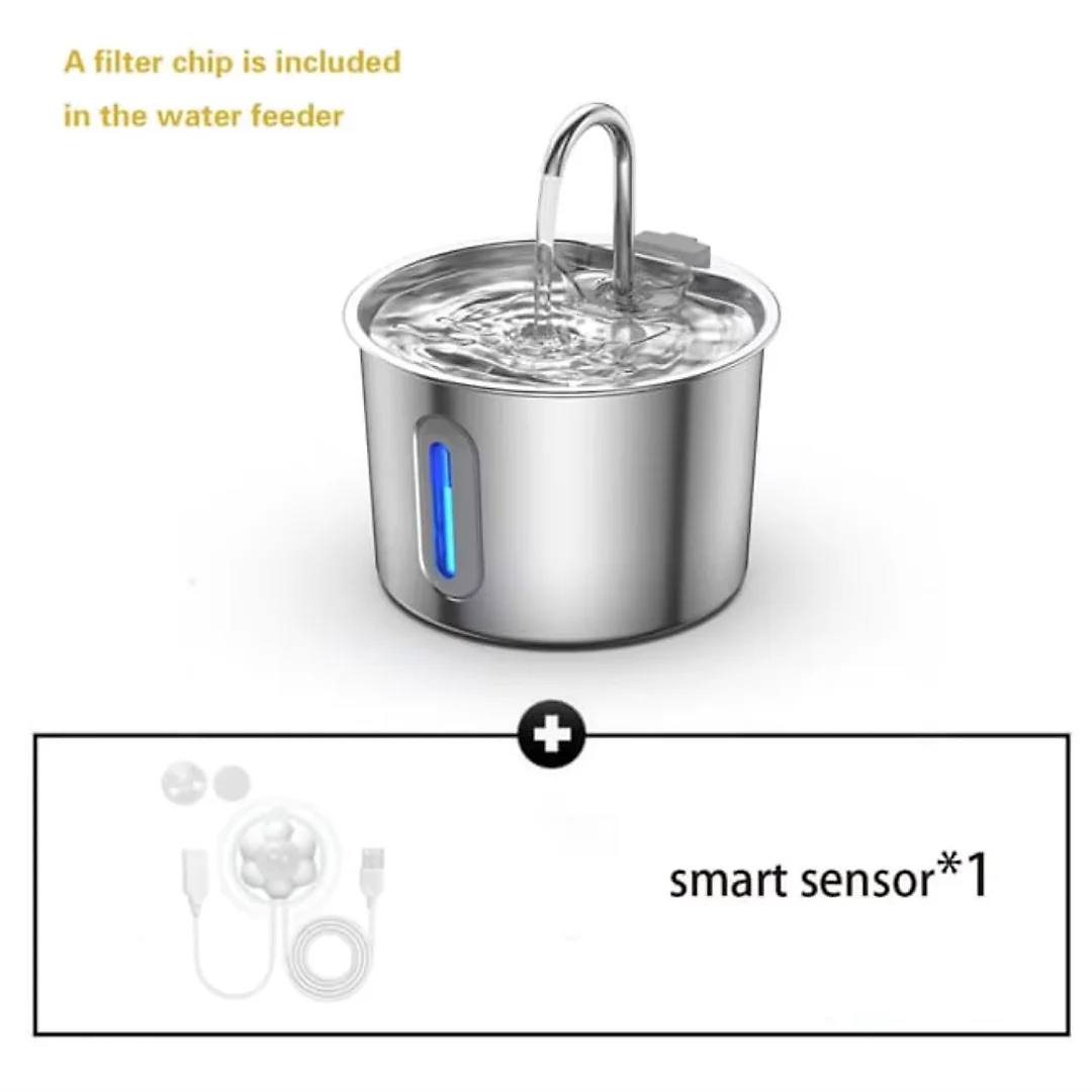 Cat Fountain Stainless Steel 2.2L, Pet Water Fountain with Water Level Window for Cats & Small Dogs, Optional Motion Sensor