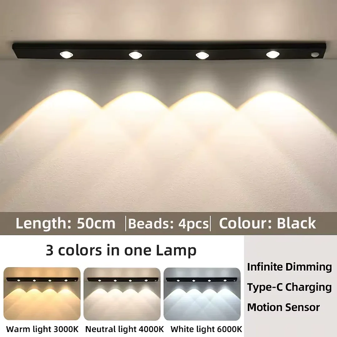 Rechargeable Under Cabinet Lights 2-Pack, Wireless Motion Sensor LED Light Bars with 3 Color Modes for Kitchen, Closet & Stairs