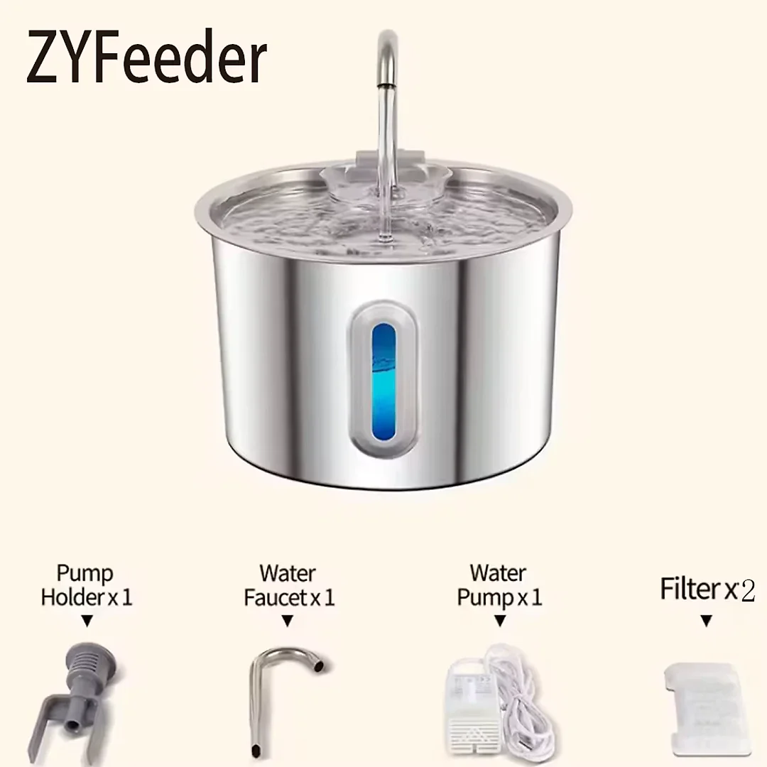 Cat Fountain Stainless Steel 2.2L, Pet Water Fountain with Water Level Window for Cats & Small Dogs, Optional Motion Sensor