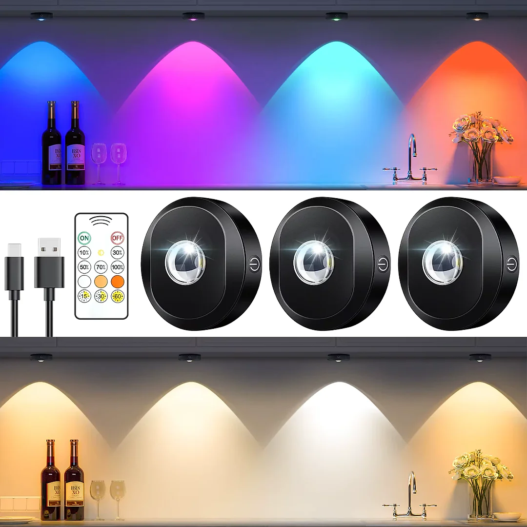 Rechargeable Puck Lights with Remote, Wireless RGB LED Under Cabinet Lighting with Timer & Touch Control, Stick-On Closet Lights, 3 or 6-Pack