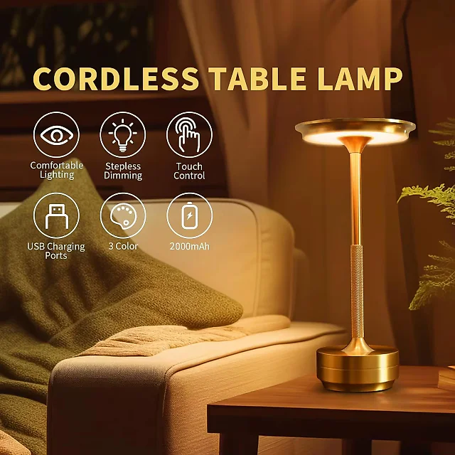 Cordless LED Table Lamp, Rechargeable USB-C Touch Lamp with Dimmable Light, Battery Operated Bedside & Dining Lamp