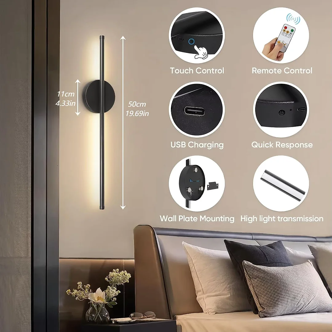 Rechargeable Wall Sconce with Remote, Battery Operated LED Wall Light Bar, Cordless 360 Degree Rotating & Dimmable Wall Lamp