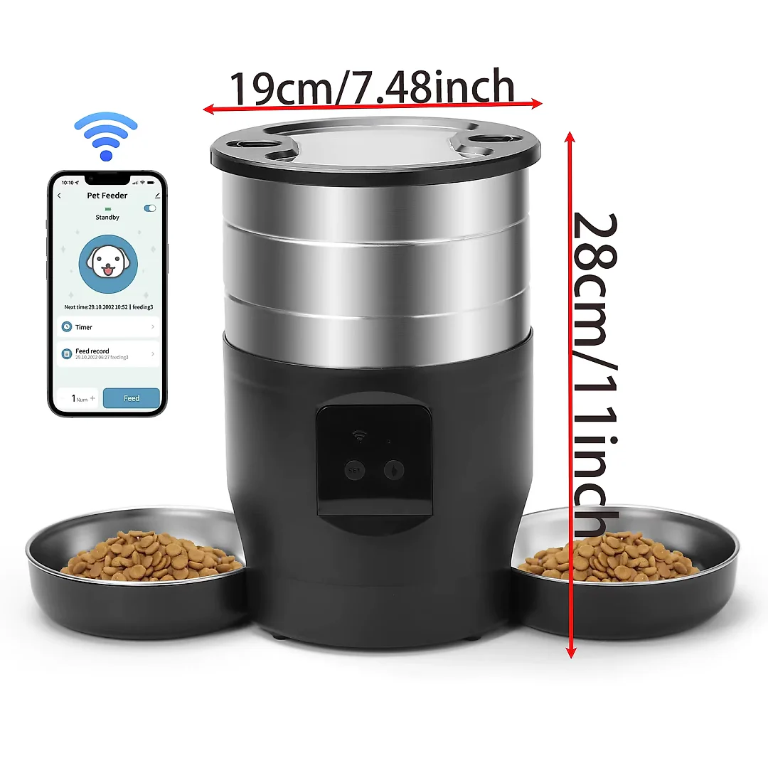 Automatic Cat Feeder for 2 Cats, 4.5L Pet Food Dispenser with Two Stainless Steel Bowls, Wi-Fi App or Button Control