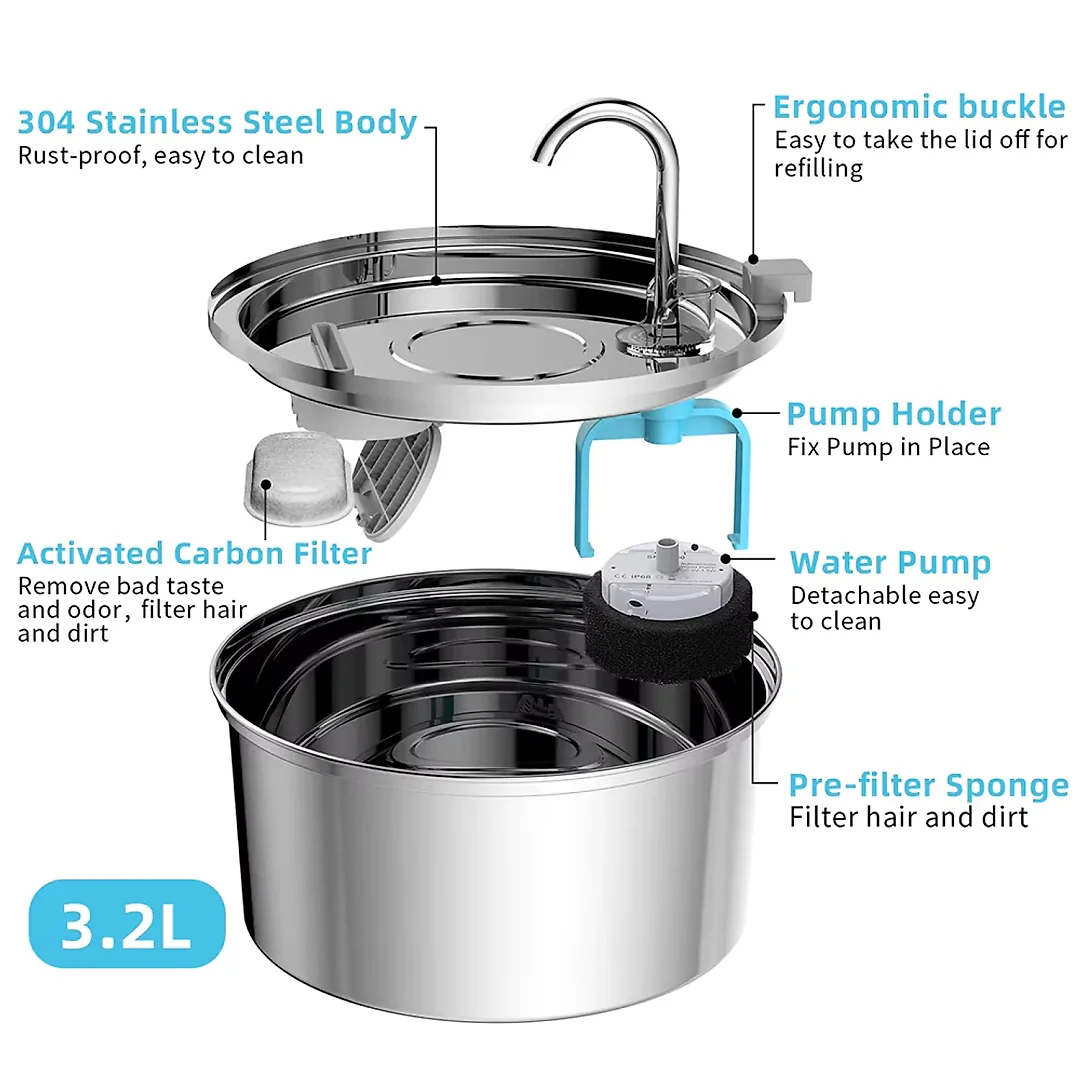Stainless Steel Pet Water Fountain with Faucet, Quiet USB Cat & Dog Water Fountain, Optional Filter Kit & Motion Sensor