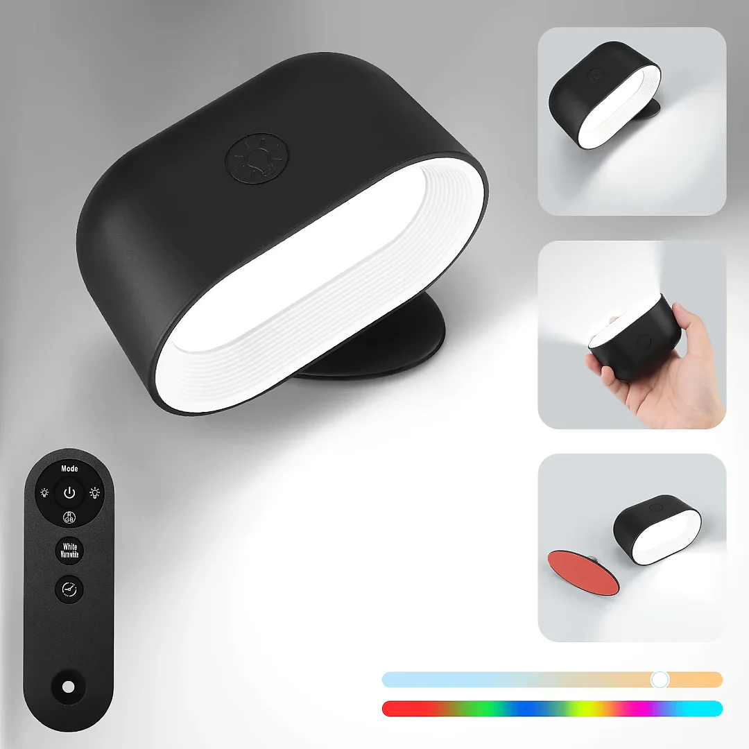 RGB Wall Light with Remote, Rechargeable Battery Operated LED Wall Sconce, 360 Degree Rotating Color Changing Night Light, White