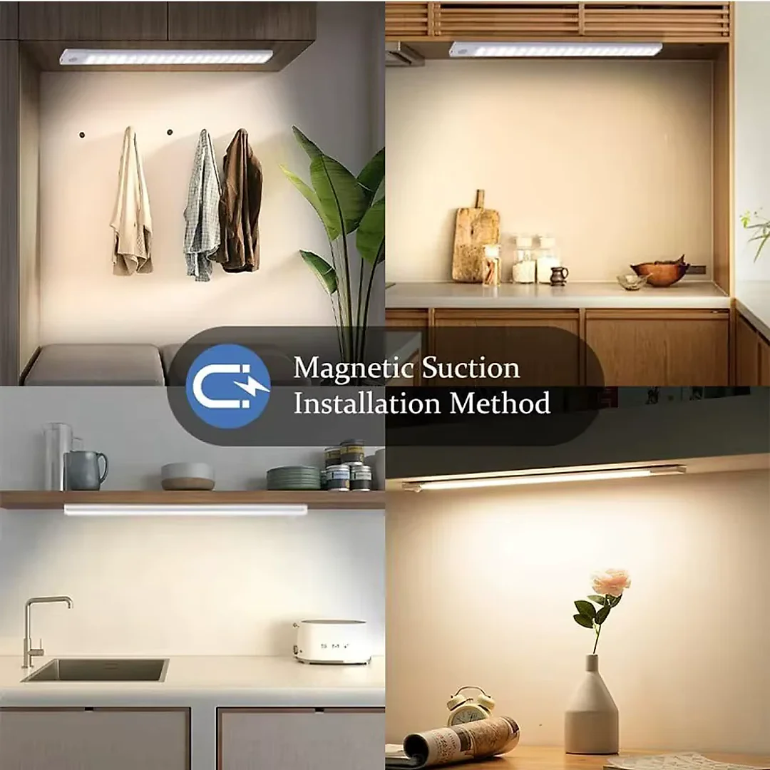 Ultra Slim Under Cabinet Lighting, Battery Operated Rechargeable Motion Sensor LED Bar with Magnetic Mount, 3 Colors & Dimming, USB-C