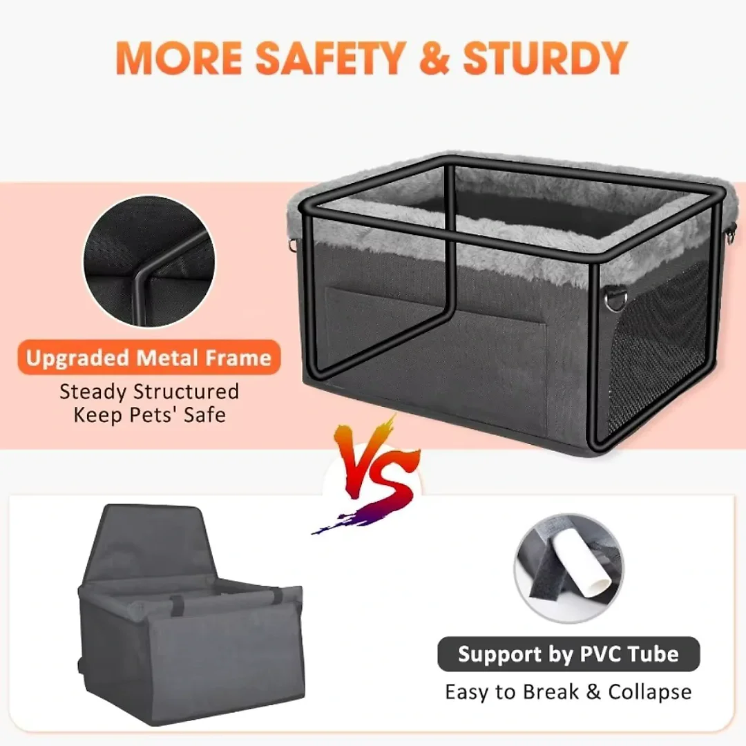 Elevated Dog Car Seat for Small Dogs, Console Booster Seat with Metal Frame & Removable Washable Cover, Portable Pet Travel Bed